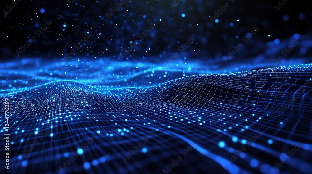 Poster digital technology concept with grid background and shimmering lights