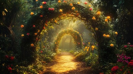 Enchanted Garden Pathway with Colorful Roses Under Warm Golden Light and Soft Misty Background