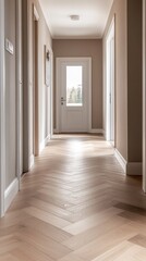 Sunlight pours into a tranquil hallway, highlighting the beauty of herringbone wood flooring. The warm tones of walls create an inviting atmosphere, perfect for a peaceful retreat