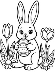 Cute bunny holding an Easter egg surrounded by flowers  