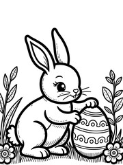 Easter Bunny Coloring Page with Decorative Egg and Flowers  