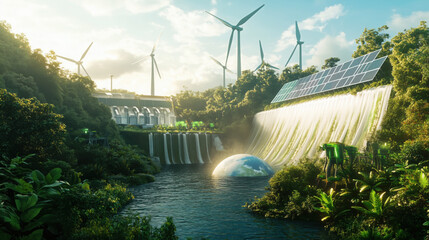 Fototapeta premium Graphic Concept of Renewable Energy Featuring Solar Panels, Wind Turbines, Glowing Earth, and Hydroelectric Dams Surrounded by Lush Greenery, Green, Blue, and White on a Soft Sky Blue Background