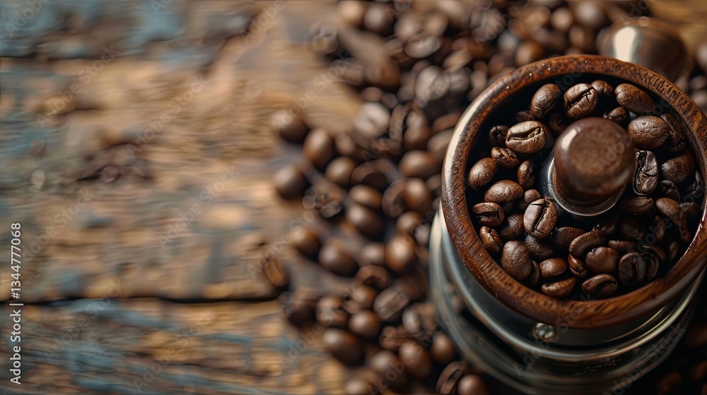 Poster coffee beans spilling from a vintage grinder on a rustic wooden table creating a perfect atmosphere 