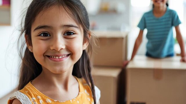 A happy girl is excitedly looking at the camera while her brother is standing behind her amidst several unpacked boxes in their new home. The atmosphere is filled with warmth and joy