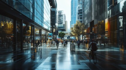 Urban Life A Vibrant City Street Scene with Modern Architecture Pedestrians Cyclists and Re