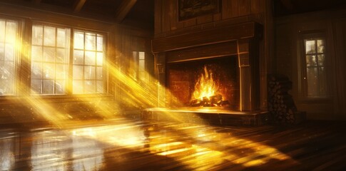 Sunlit living room with a fireplace and burning flames inside