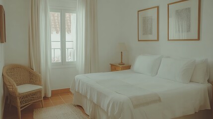 Fototapeta premium Bright and Airy Bedroom with White Bedding and Wicker Chair