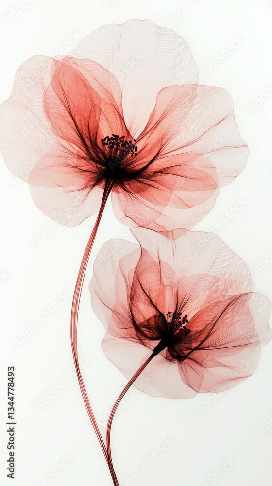 Poster two ethereal flowers intertwine in soft red and pink tones, their delicate petals appearing almost t