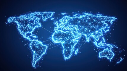Global network map, world map with glowing connections.
