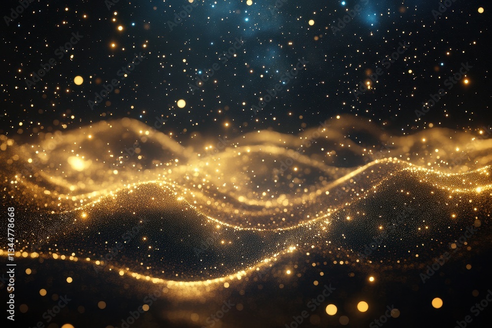 Poster golden particle streams amidst a backdrop of twinkling stellar formations