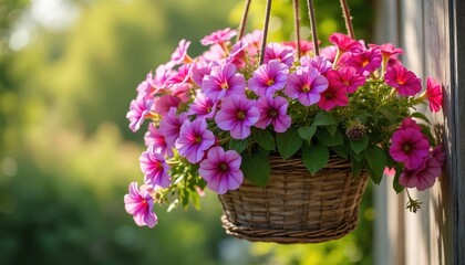 Vibrant petunias spill from distressed hanging wooden basket, suspended against soft focus plants background. Radiating warmth, summer charm. Beauty of blooming pink, purple, magenta flowers on porch.