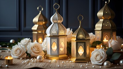 Elegant Ramadan Lanterns with White Roses and Candlelight