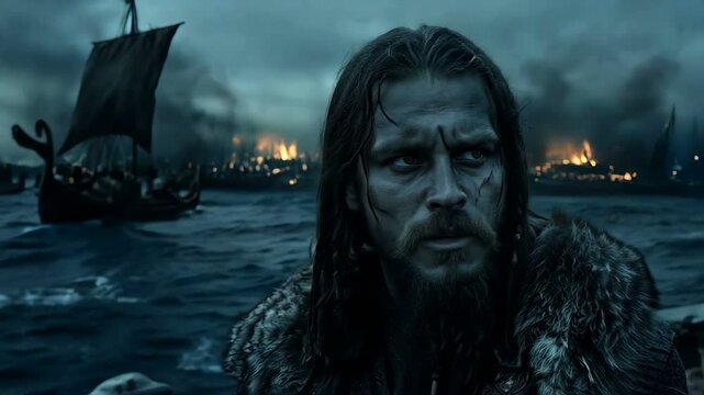 A fierce and mighty Viking warrior stands tall and proud amid the chaos and intensity of battle around him