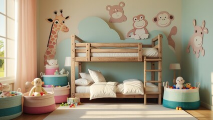 Kids Bunk Bed Room with Animal Wall Decor