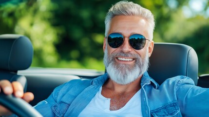 A cheerful mature man in classic wear, sitting comfortably in his car, engaged in a lively conversation with a client, exuding confidence and pride