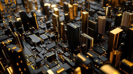 Illuminated golden city skyline with a futuristic technological structure