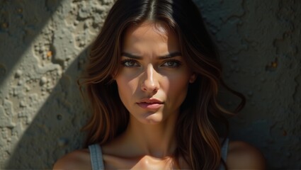Naklejka premium A young woman is looking up against a background of green trees, bathed in sunlight. Her relaxed expression and soft lighting create a serene and peaceful mood. Generative, AI,