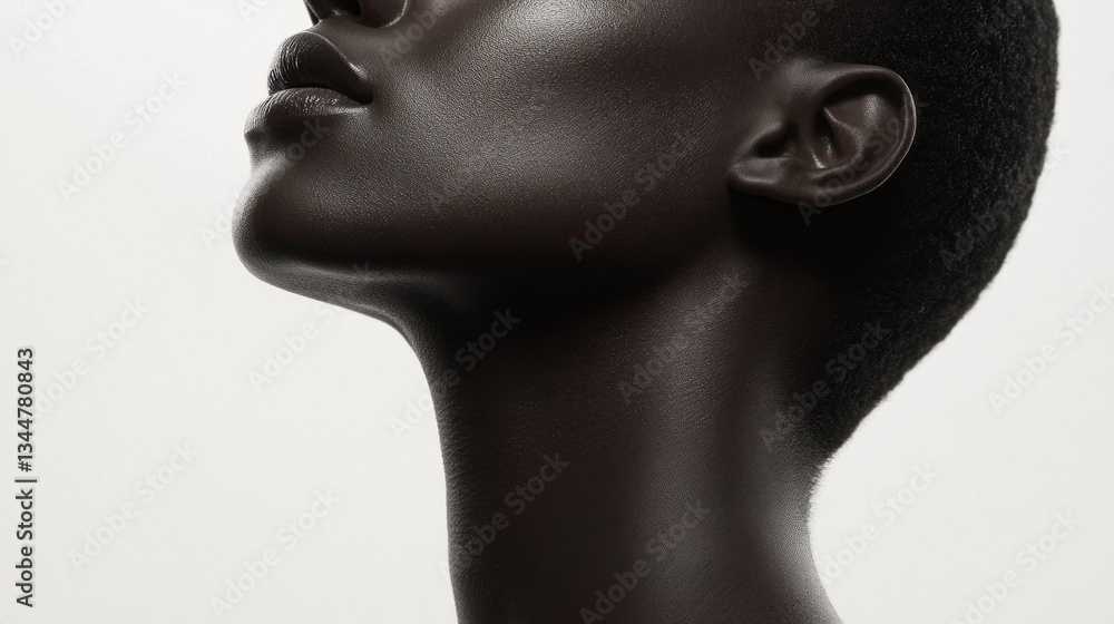 Poster in a serene setting, a graceful profile is illuminated, emphasizing the smooth contours of the neck 