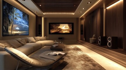 Luxurious home theater.  Sophisticated and modern entertainment space with comfortable seating, large screen, and high-end audio