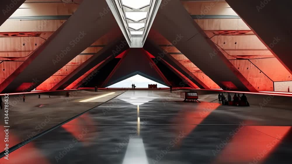 Poster futuristic architectural interior, showcasing a spacious hall with triangular support structures and