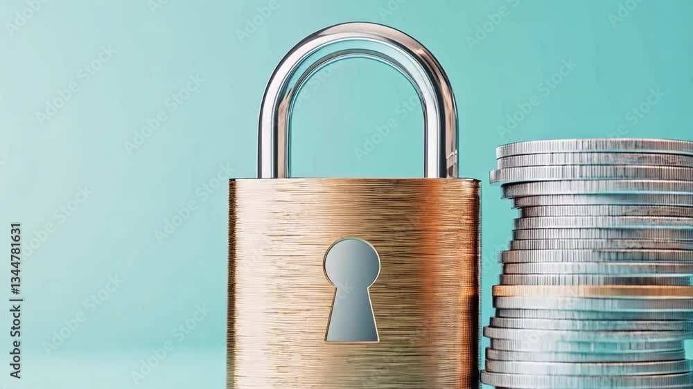 Fototapete A padlock stands next to stacks of coins, symbolizing the importance of security in banking. This representation of safety highlights the value placed on privacy in financial transactions.