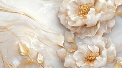 A romantic engagement invitation background with soft pastel watercolor flowers, delicate gold leaves, and a subtle marble texture. The center has a glowing frame, perfect for adding custom text. 