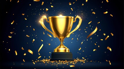 Golden trophy award, confetti background, celebration, use for advertising, poster design, awards ceremony