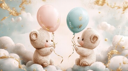 A playful and adorable gender reveal invitation featuring two soft teddy bears, one holding a pink balloon and the other holding a blue balloon. Pastel watercolor clouds and golden sparkles decorate 