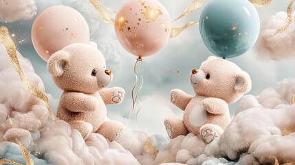 A playful and adorable gender reveal invitation featuring two soft teddy bears, one holding a pink balloon and the other holding a blue balloon. Pastel watercolor clouds and golden sparkles decorate 