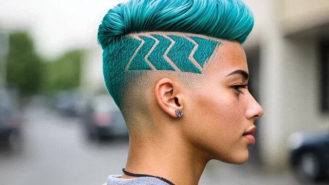 Young Latino male with vibrant teal mohawk and shaved design, celebrating personal expression and artistic style