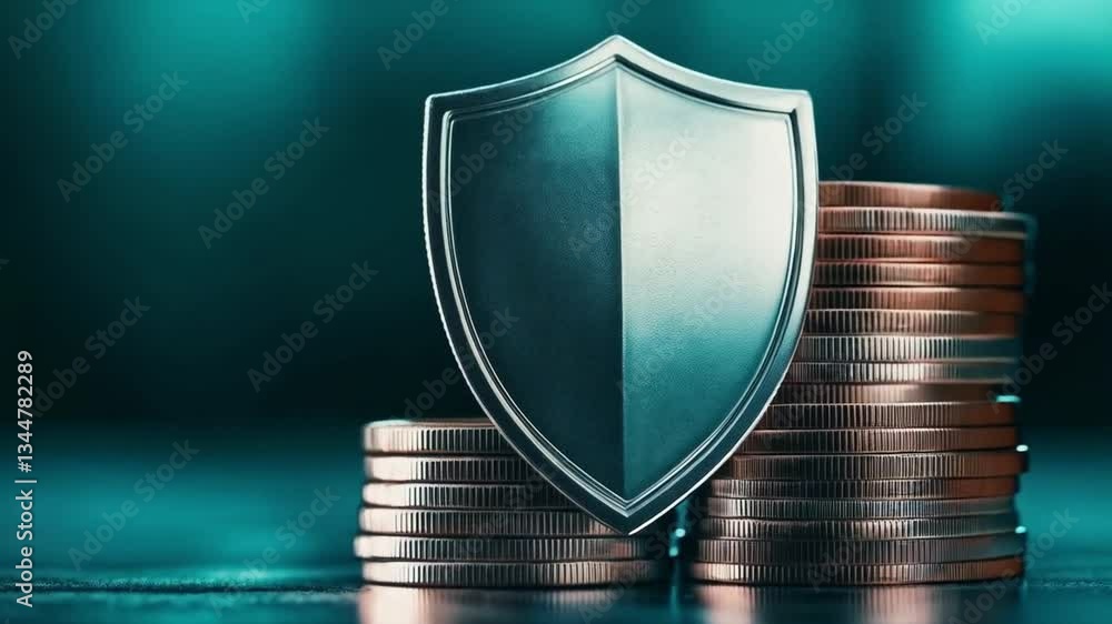Poster A sleek shield rests atop neatly stacked coins, symbolizing security in banking and the importance of privacy. The background features a calm blue hue that enhances the theme of protection.