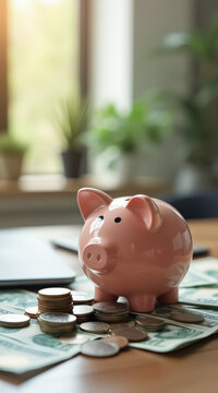 pink piggy bank with coins and dollar bills representing financial savings