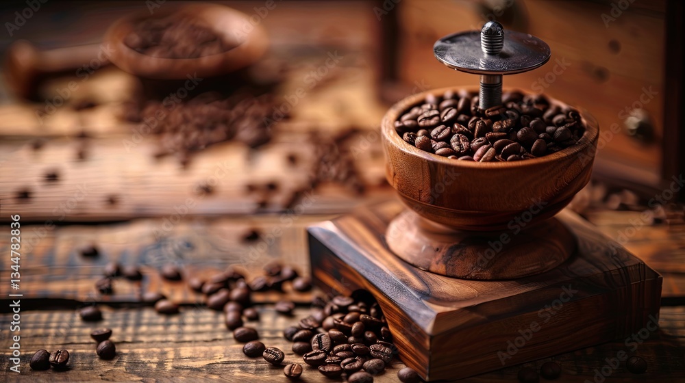 Poster freshly ground coffee beans in a wooden grinder on a rustic table ready for brewing a perfect cup of