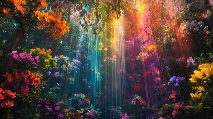 Vibrant Colorful Forest with Radiant Flowers and Sunlight Streaming Through Lush Foliage in a Magical Environment