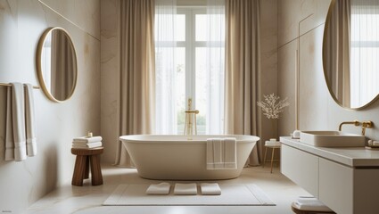 Modern, Beige Bathroom with Tub and Large Windows