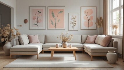 Modern Beige Living Room with Pink Accents