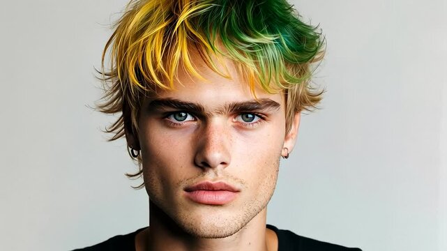 Youthful Caucasian male with vibrant green-yellow hair, fashion trends, individuality, St Patrick's Day, creative self-expression
