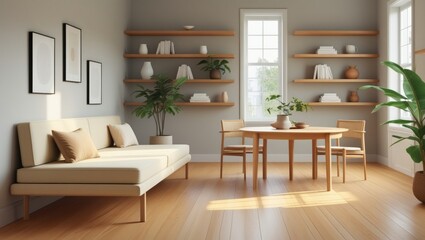 Modern, cozy living area with wood furnishings