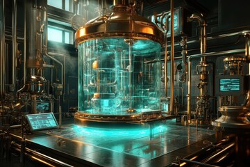 A futuristic laboratory chamber glows with ethereal blue light