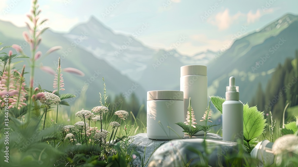 Poster cosmetics in natural packaging enhance the beauty of a serene meadow landscape with mountains in the
