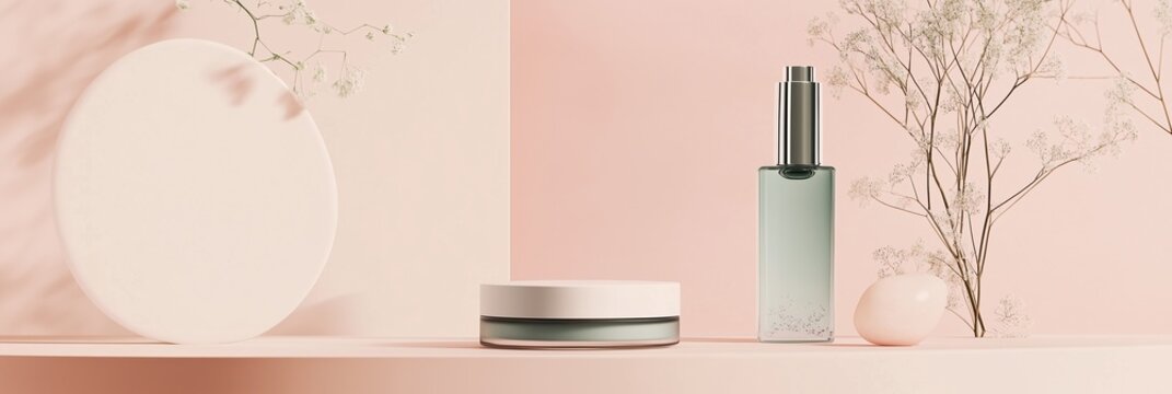 Elegant beauty brand banner showcasing minimalist product design with soft colors