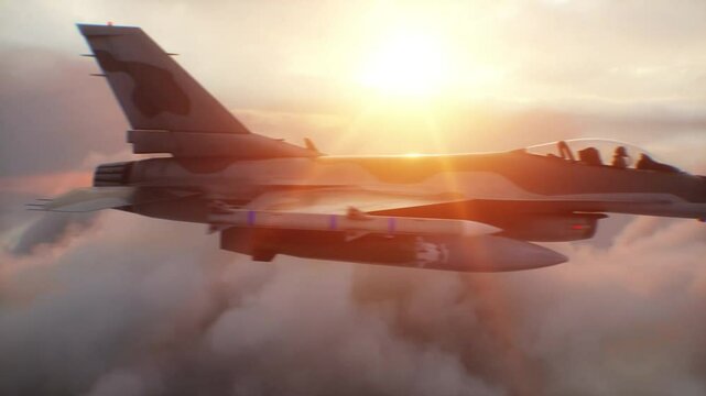 Military fighter jet F-16 flying over clouds. Air force.