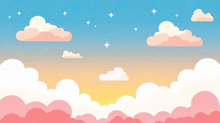 Dreamy Summer Sky with Fluffy Clouds and Sparkling Stars Illustration