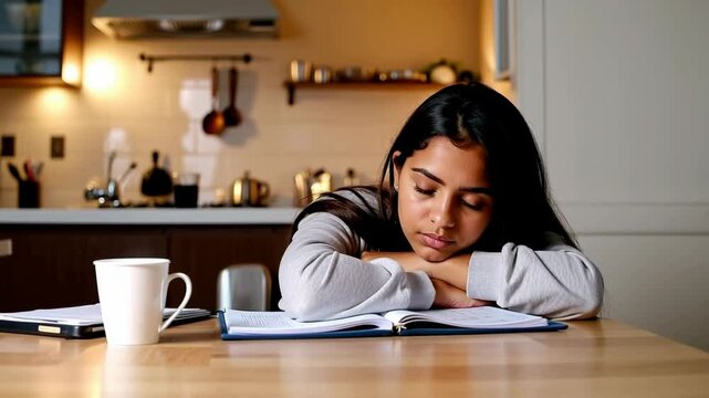 Tired and exhausted Indian or Arabian female student sleeping on a kitchen table, overwhelmed by studying, books, and homework, symbolizing academic fatigue and insomnia