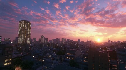 Obraz premium A beautiful city skyline captured under a vibrant sunset sky