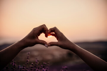 Two hands forming a heart shape in front of a purple field. The sun is setting in the background,...