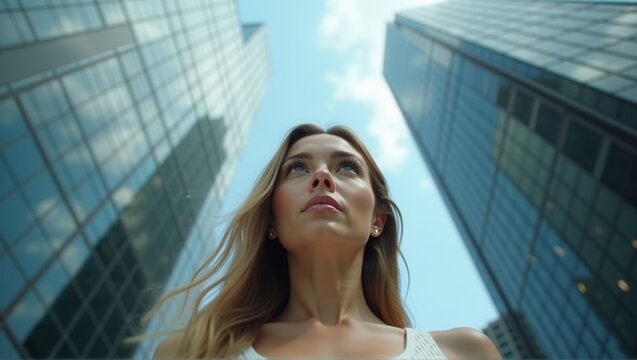 A woman looks upwards with a confident gaze amidst towering modern buildings, with the sky visible above, creating a powerful cityscape shot with urban elegance. Generative, AI,