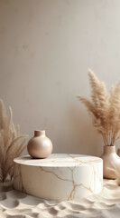 round marble pedestal with vase and pampas grass
