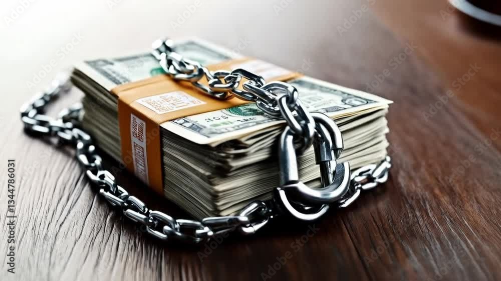Poster stacks of cash secured with a heavy chain and padlock symbolize the importance of privacy in banking