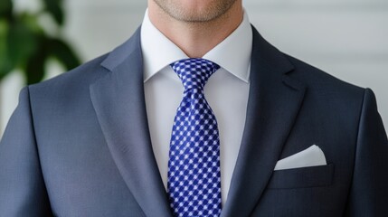 Close-up of a man wearing a navy blue suit, white shirt, and a patterned blue tie.  A crisp white handkerchief is visible in the breast pocket